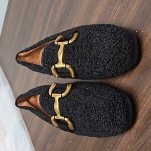 Bibi Lou Black Fuzzy Gold Bit Loafers